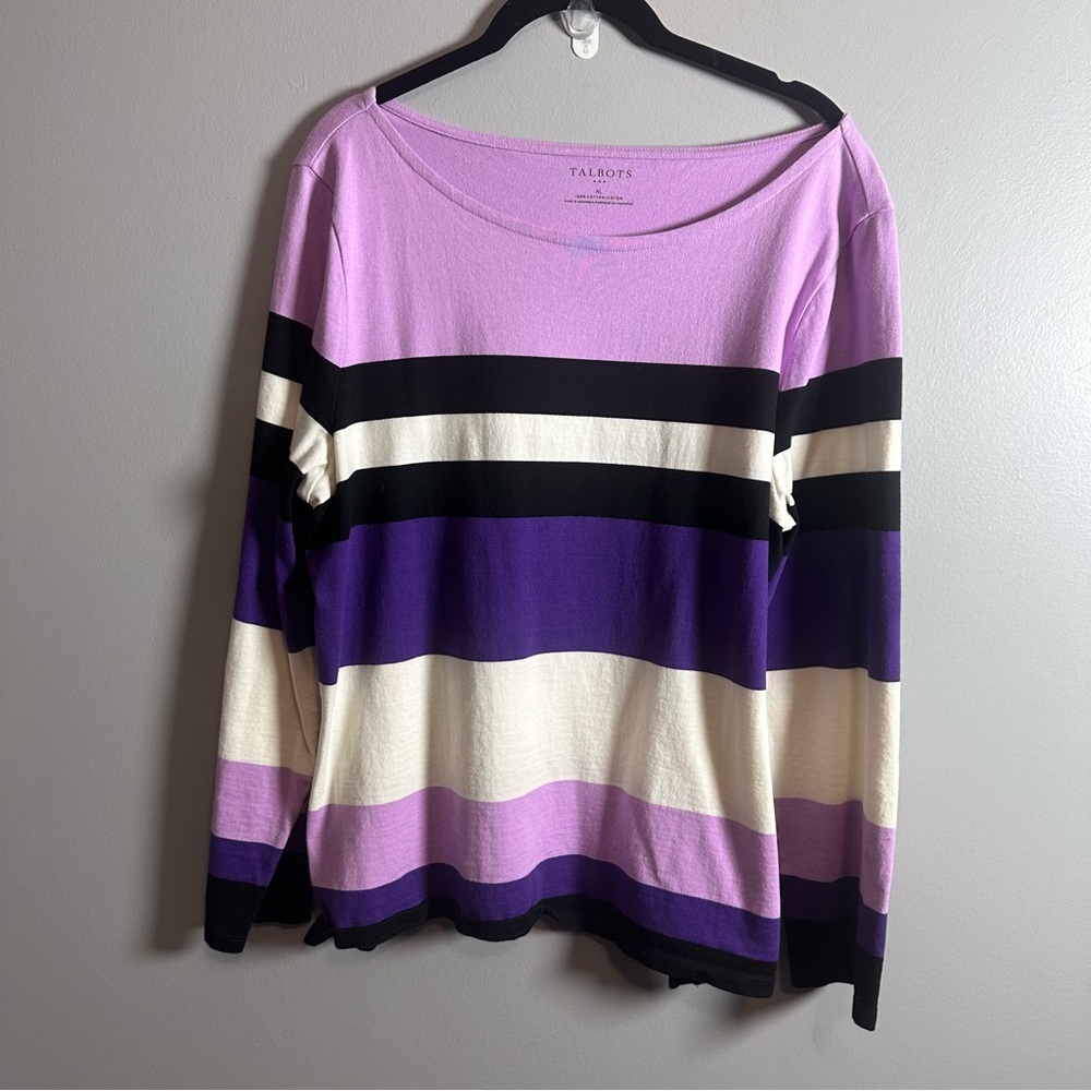 Talbots Women’s XL Purple Striped Long Sleeve Top 100% Cotton